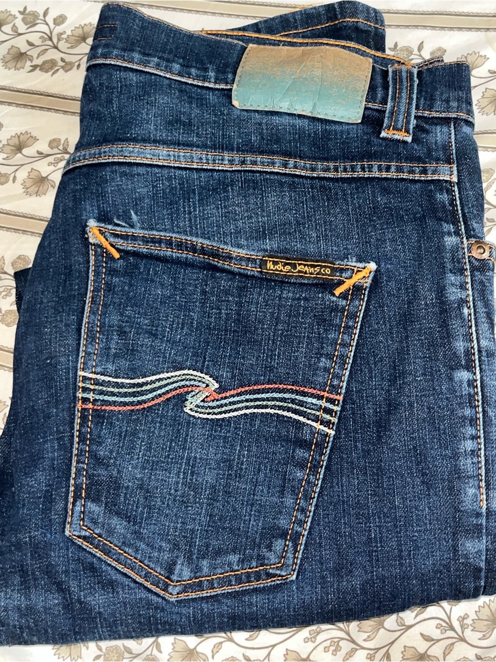 Exclusive vintage Nudie Jeans Dark Blue Straight Jeans with Multicolor Pocket St